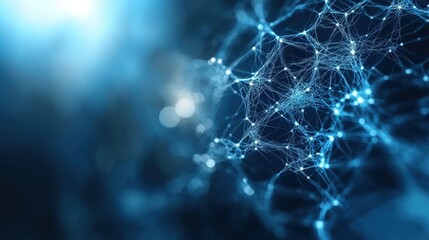 A close-up view of interconnected nodes and fibers in a blue-toned, abstract digital network, evoking themes of technology and connectivity.