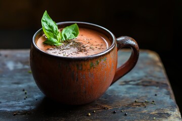 Rich spiced tomato juice no salt served in rustic mug, ideal for sugar-free diet drinks. Concept features spiced tomato juice no salt as flavorful and healthy beverage choice