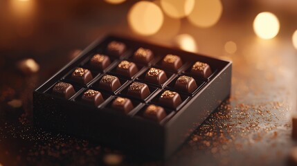 A beautifully arranged box of chocolates surrounded by soft, warm bokeh lights, creating an inviting and indulgent atmosphere.
