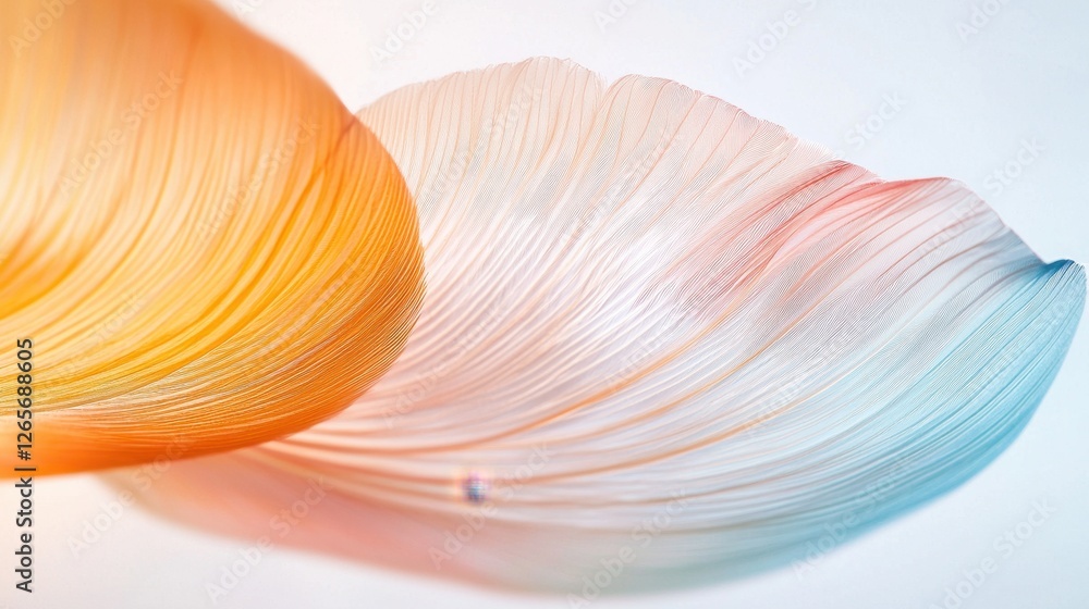 Poster close-up of intricate translucent feather with vivid color gradients and delicate textures