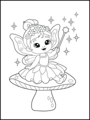 Black and white fairy coloring pages for kids. Children's coloring books with cute cartoon fairy characters, fun and educational materials for kindergarten.
