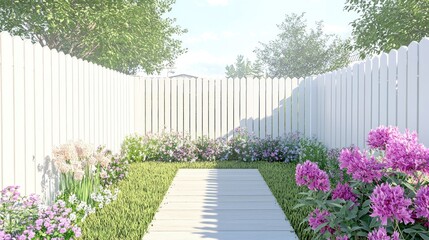 Sunny backyard patio with white picket fence and flowers