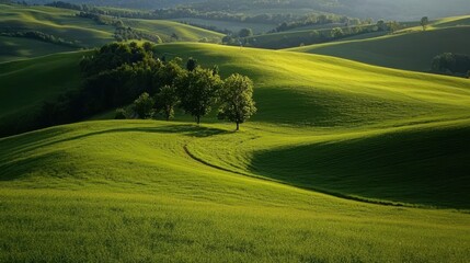 Lush green hills cascade under soft sunlight, showcasing the beauty of nature with gentle slopes and a serene landscape.