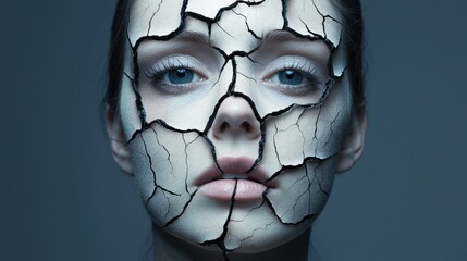 Dramatic Portrait of Woman with Cracked Skin Reflecting Themes of Fragility and Inner Strength