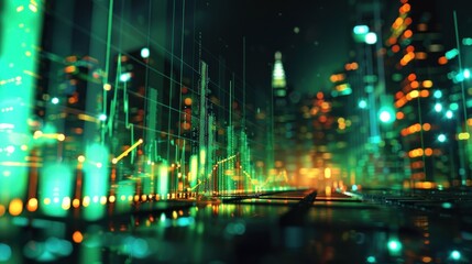 Fototapeta premium Neon Cityscape: Financial Data Overlay