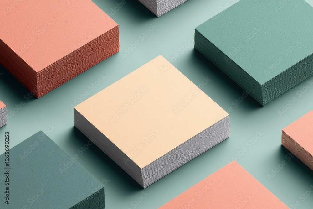Aufkleber Colorful stacks of square paper sheets arranged on a flat surface in a creative workspace