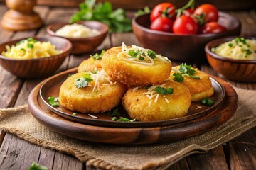Delicious Ecuadorian Llapingachos Potato Patties with Cheese on Rustic Plate - Vintage Style