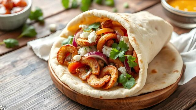 A close-up of a delicious wrap filled with grilled meat, fresh vegetables, and herbs on a wooden table.
