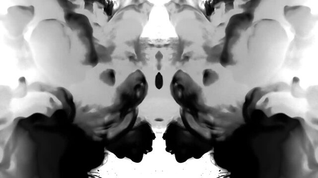 Black ink drops collide with white water, forming symmetrical patterns that morph between cloud and butterfly shapes, ethereal Rorschach-inspired formations.
