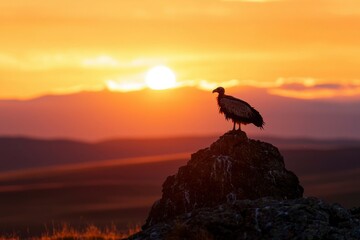 A vulture perched on a rock watching a scenic sunset over a mountainous landscape