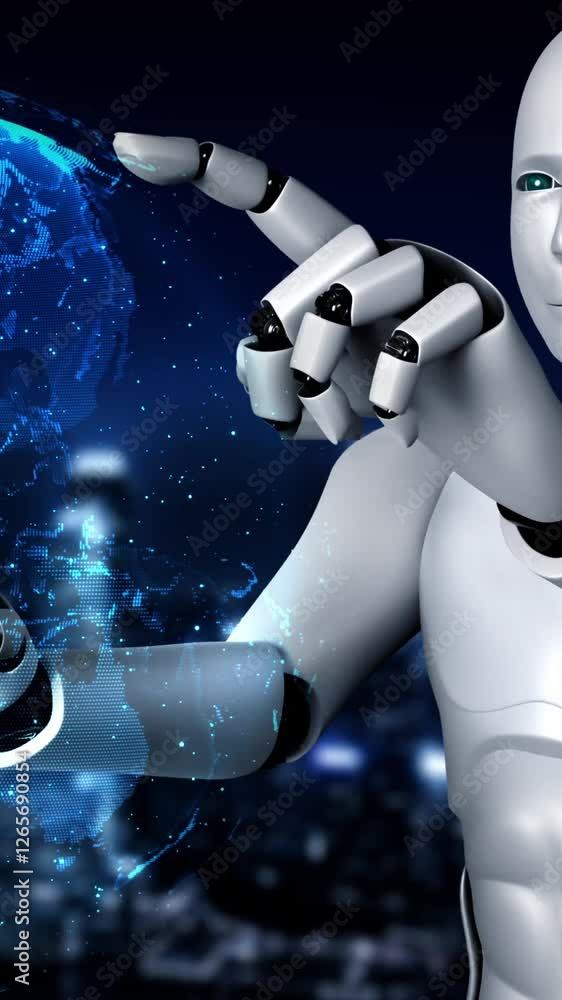 Poster ai hominoid robot touching hologram screen shows concept of global communication network using artif