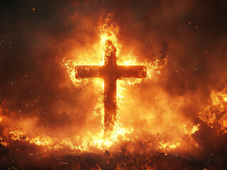 a large, burning cross with flames engulfing it, set against a dark background with smoky or fiery surroundings. The cross is the central focus, and the fire appears intense, casting a dramatic and po