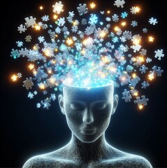 Obraz premium Futuristic Digital Human Mind with Floating Puzzle Pieces – AI, Deep Thinking, and Innovation Concept
