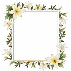 Fototapeta premium Elegant frame of soft, delicate white lilies, yellow and pink flowers, and lush greenery surrounding a blank,