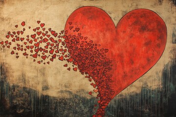 Colorful heart artwork with cascading smaller hearts creating a lively atmosphere in an urban setting