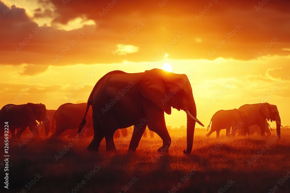 Poster wild elephants roaming in a lush green field, suitable for use in nature documentaries or wildlife p