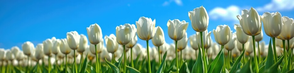 Fototapeta premium A serene landscape featuring a field of white tulips against a bright blue sky