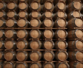 Wooden wine barrels neatly stacked in triangle pattern in winery, storage, vintage
