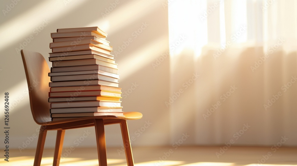 Poster sunlit corner of a quiet library with stacks of books on a chair in a serene environment