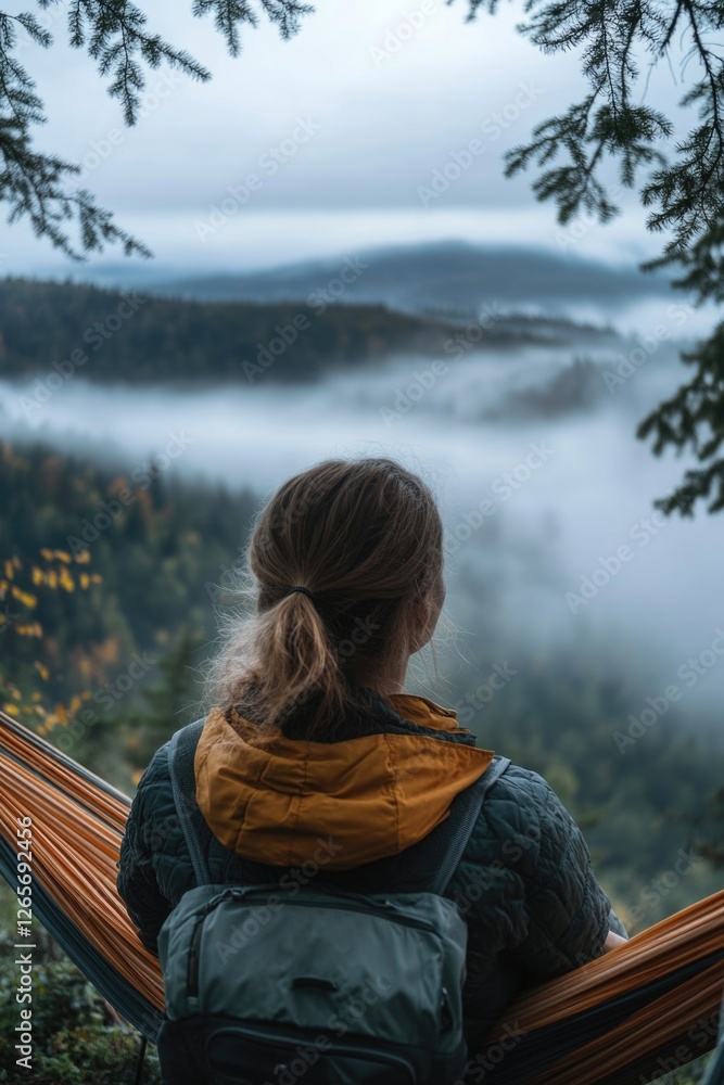 Poster a person relaxing in a hammock, surrounded by fog and greenery
