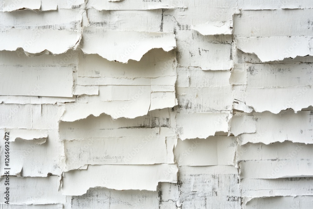 Poster abstract close-up of textured wall with peeling paint showcasing layers of white in natural light