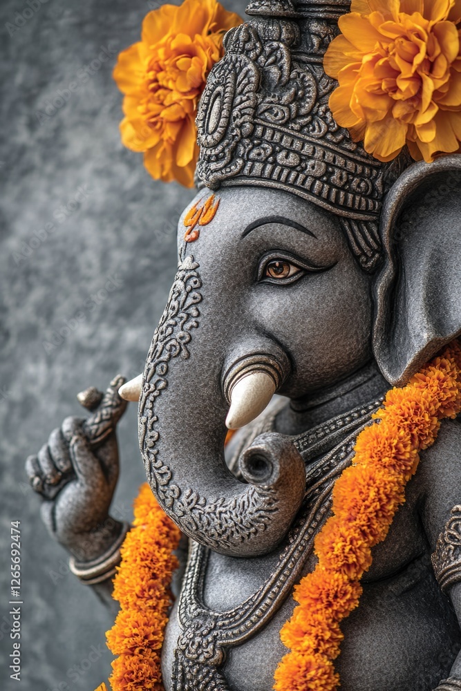 Poster a statue of an elephant adorned with flowers, suitable for use in decorative or artistic contexts