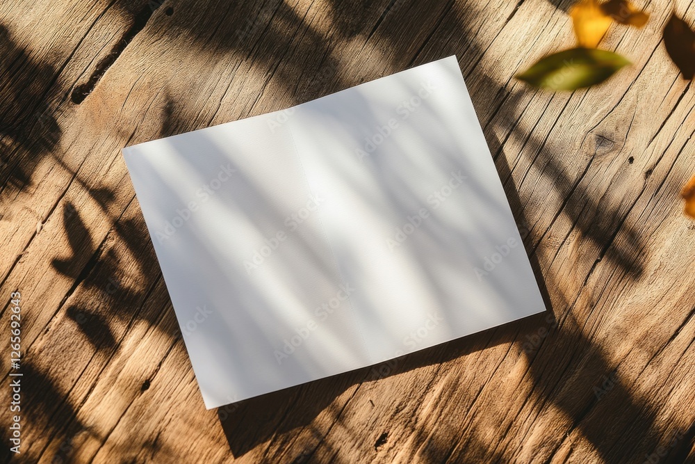 Aufkleber bright white paper rests on a rustic wooden surface under the soft shadows of green leaves in a peac