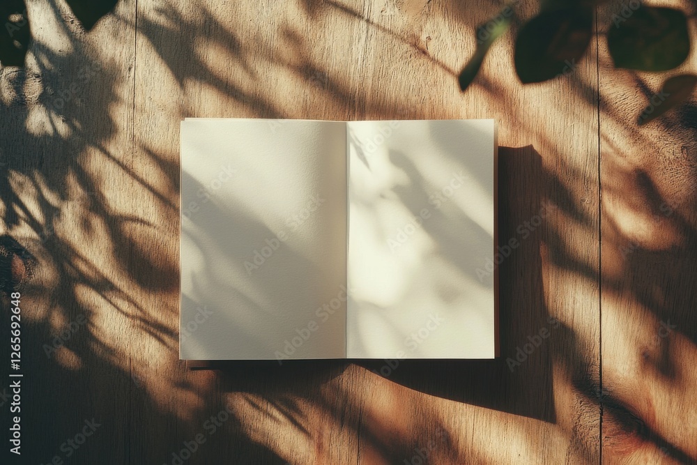 Poster Blank notebook resting on a wooden surface with light and shadow patterns during daylight hours
