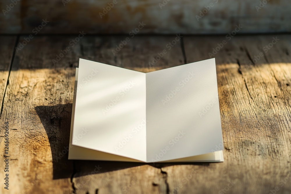 Poster open blank notebook on wooden table with sunlight streaming through in a cozy setting
