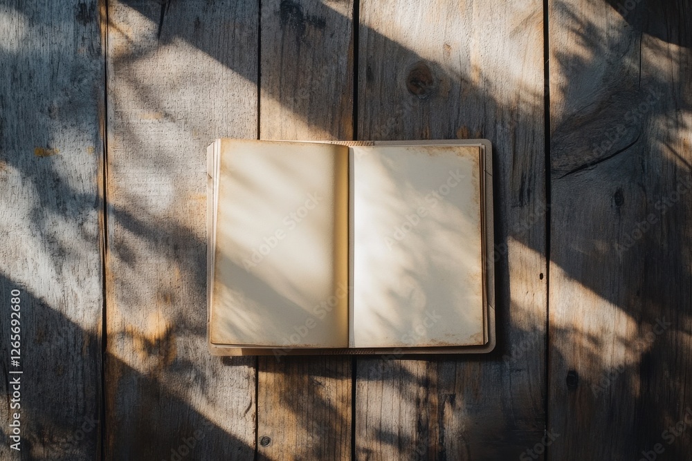 Poster open blank book resting on weathered wooden table illuminated by soft sunlight and cast shadows