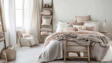 Bright and airy bedroom with many pillows and soft textiles