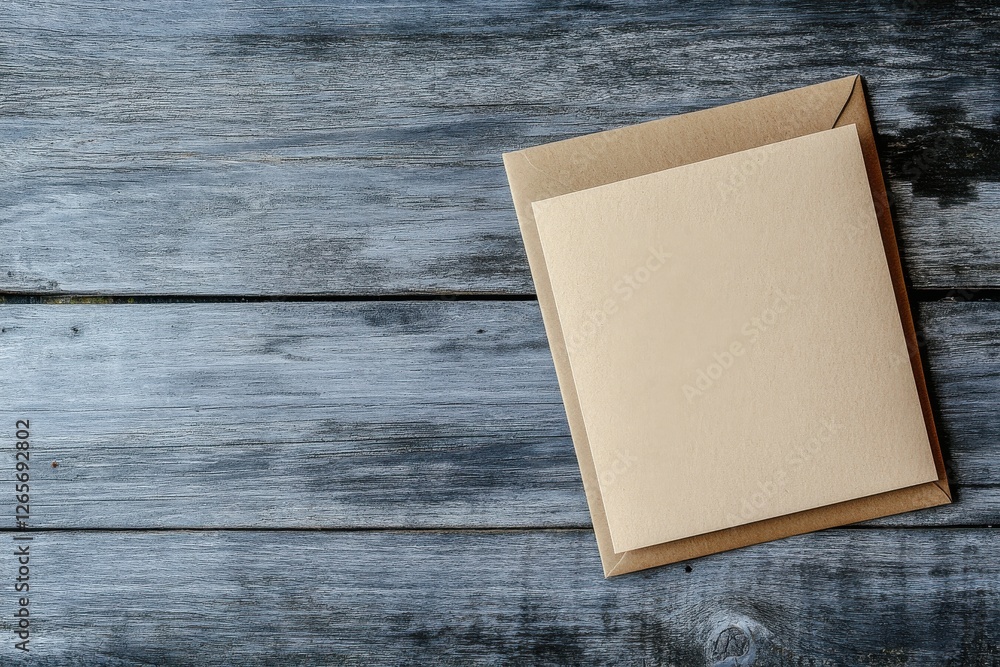 Poster neutral colored card and envelope resting on a rustic wooden surface during midday light