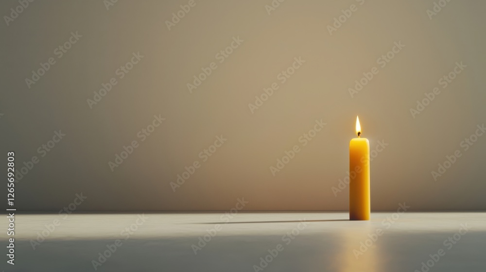 Poster single candle burning in an empty room, casting a soft glow on the minimalist background