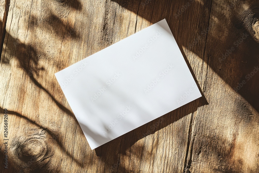 Aufkleber blank white paper on rustic wooden table illuminated by natural light in a tranquil space