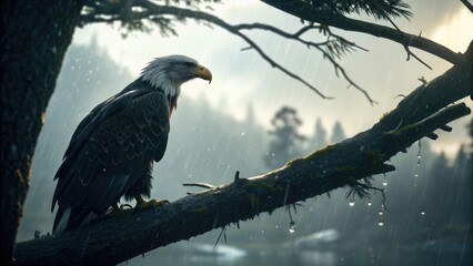 Fototapeta premium Pensive Bald Eagle Perched on Mossy Branch Admiring Nature Against a Rainy Mountain Landscape Backdrop Capturing Serenity