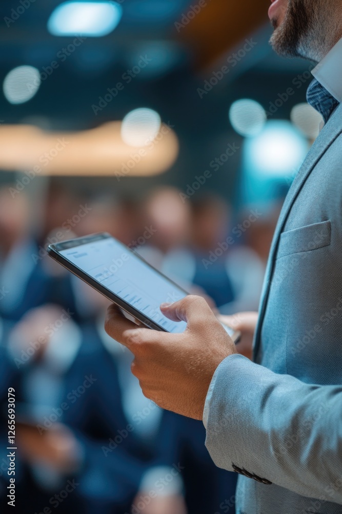 Poster a man holds a tablet computer, ready to work or communicate