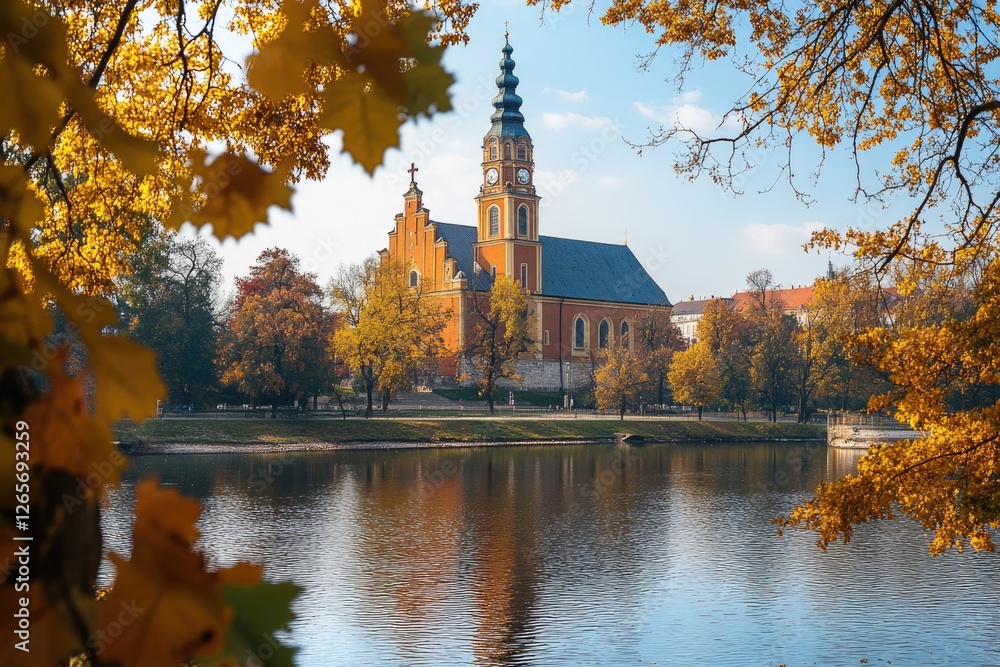 Poster A large building with a clock tower standing next to a calm body of water