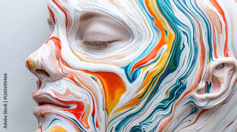 Poster close-up of a surreal face covered in colorful liquids, emphasizing unique artistic expression and v