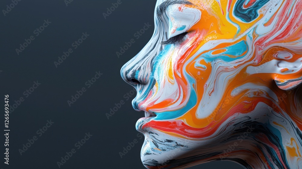 Poster surreal close-up of a colorful face with swirling liquid patterns and bold hues