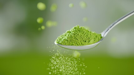 A close-up image of green powder on a spoon, showcasing fine particles and a vibrant color against a blurred green background.