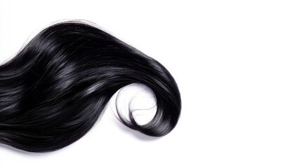 A flowing strand of glossy black hair elegantly curled at the end, showcasing smooth texture and vibrant sheen against a clean background.