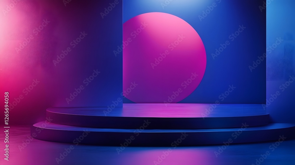 Aufkleber Abstract geometric 3D stage podium setup with pink and blue gradient backdrop  Minimal and modern design for product showcase presentation or virtual performance