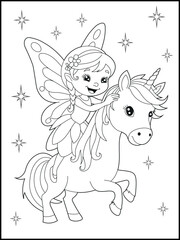 Black and white fairy coloring pages for kids. Children's coloring books with cute cartoon fairy and unicorn characters, fun and educational materials for kindergarten.