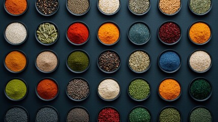 Colorful Spices Arranged in Circular Containers from a Top-Down Perspective on a Dark Background