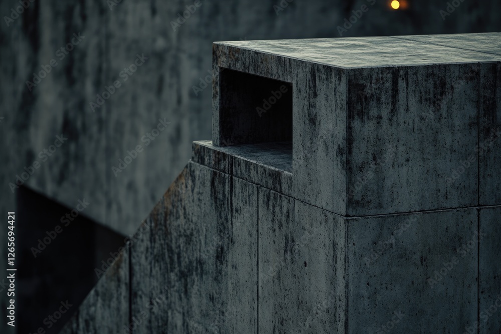Poster A close-up shot of a concrete box with a light source in the background, suitable for use in architectural or infrastructure contexts