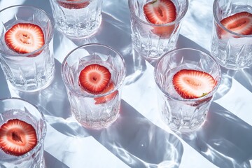 Refreshing strawberry lemonade non alcoholic beverage served in glasses with fresh strawberries. Concept showcases strawberry lemonade as vibrant, delightful drink option