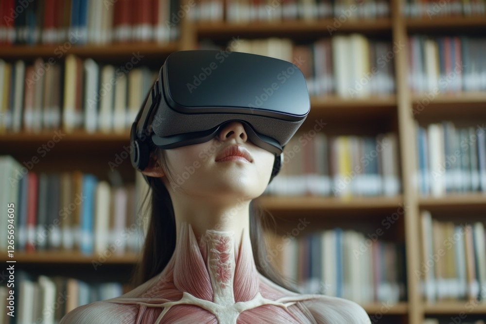 Aufkleber a person wearing a virtual reality headset stands in front of a bookshelf, surrounded by books and p