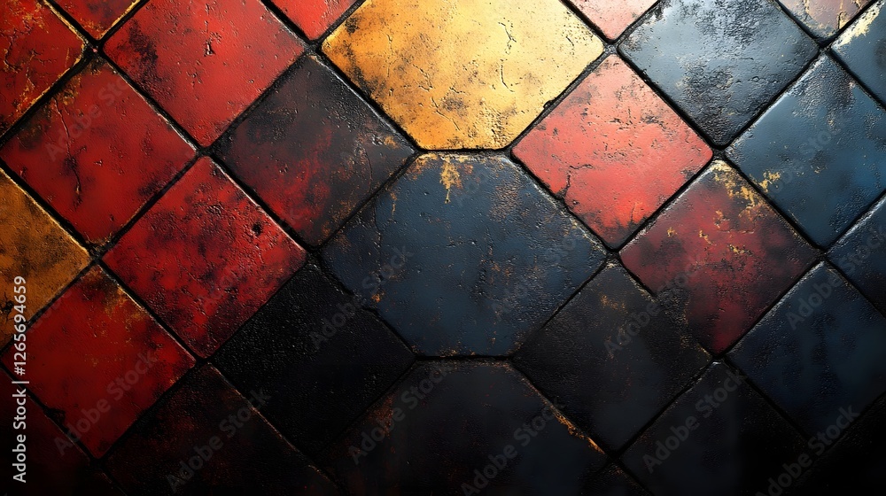 Poster abstract geometric mosaic tiles backdrop with vibrant multicolored rustic grunge textures
