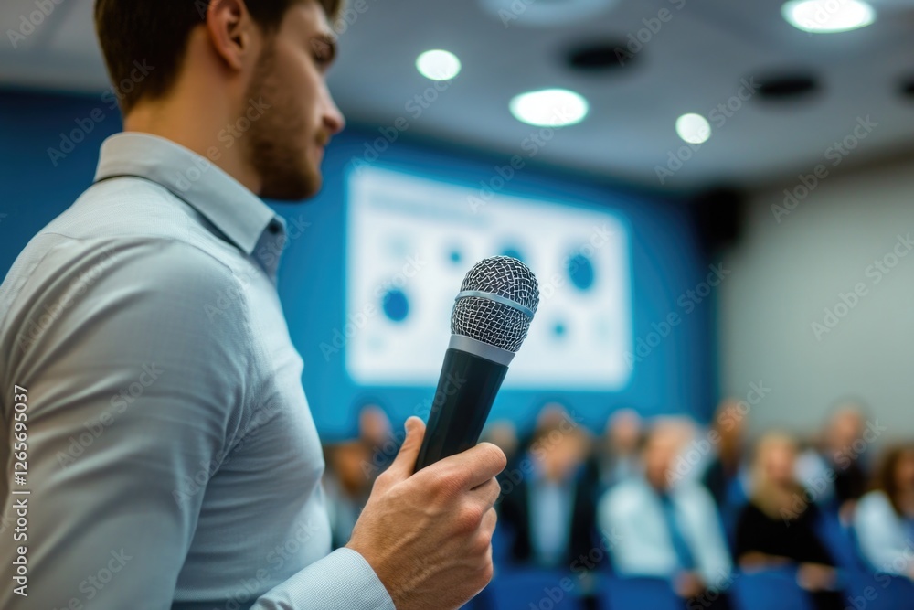 Poster a person holding a microphone in front of an audience, suitable for use in presentations, speeches, 