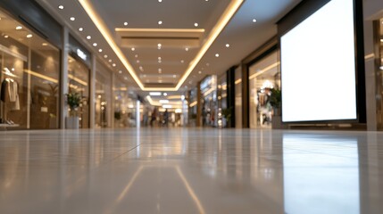 A modern shopping mall interior with polished floors, stylish storefronts, and soft lighting creating a welcoming atmosphere.